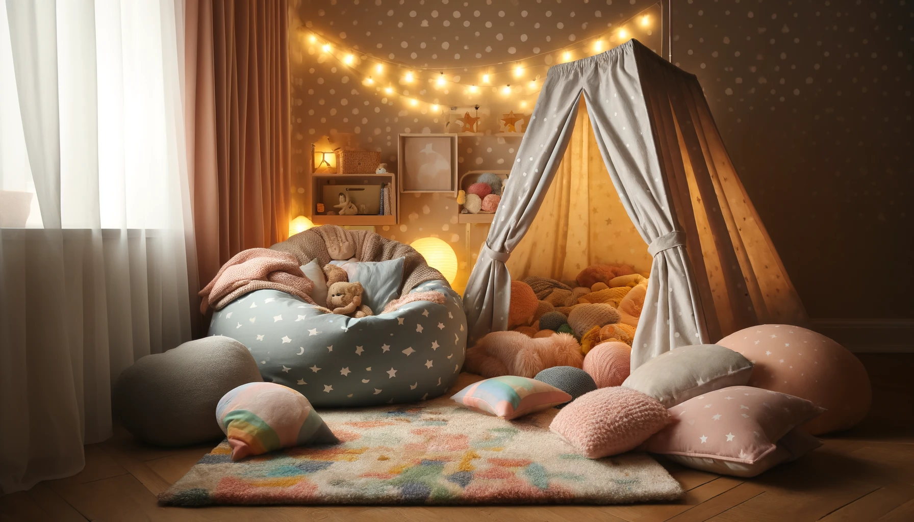 A cozy child's room with a bean bag and lots of soft pillows.